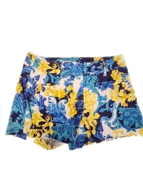 Cache Cotton 4" Flat Front Shorts, White Blue Yellow Gold Scroll Design, 2